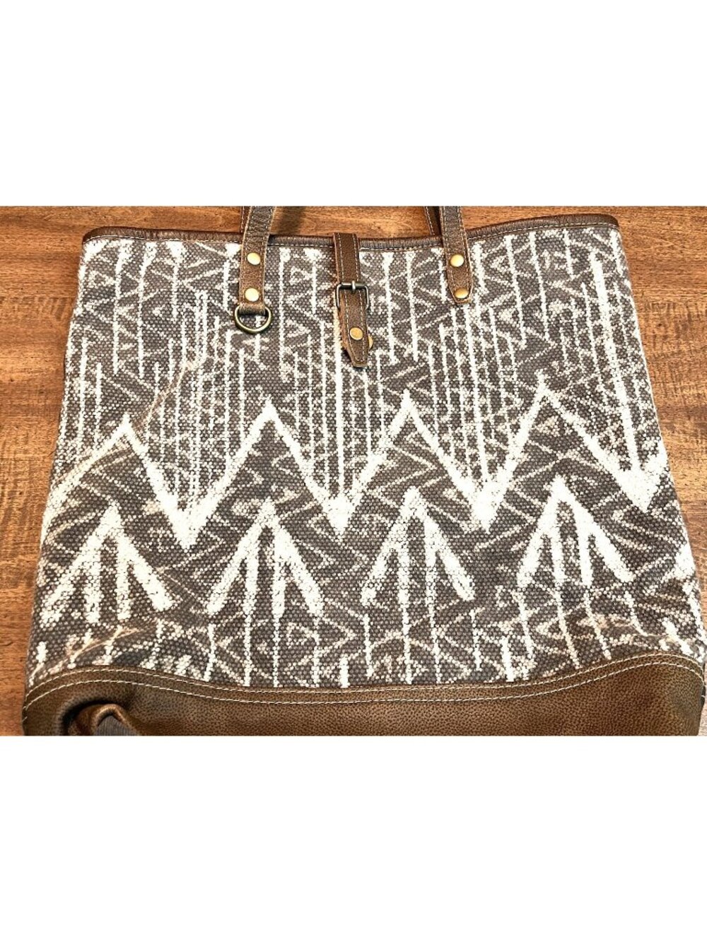 Myra Art On Canvas Tote Bag Shoulder Strap Upcycled Military Tent Rug Pattern